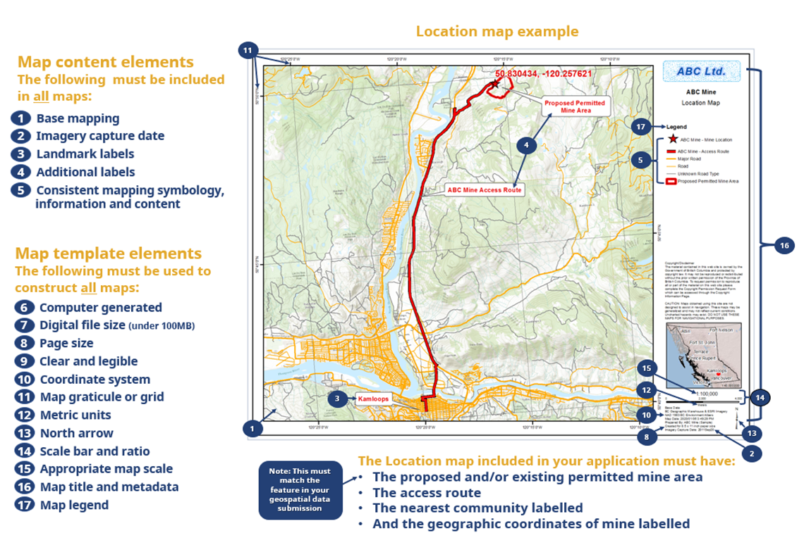 Example of the Location Map submitted with the NoW application. Illustration showing where the map template elements and map content elements are displayed on a map.